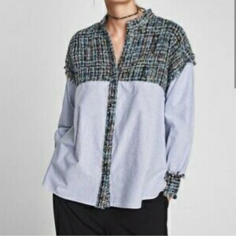 Zara Mixed Material Tweed and Stripes Button Up Shirt.
Size S‎